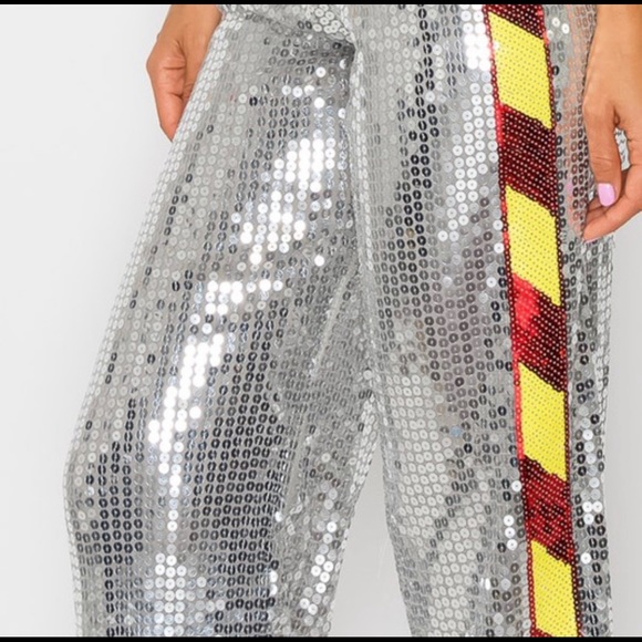 π₯2x HPπ₯Silver Sequin Hazard Stripe Palazzo Pants - Picture 5 of 9